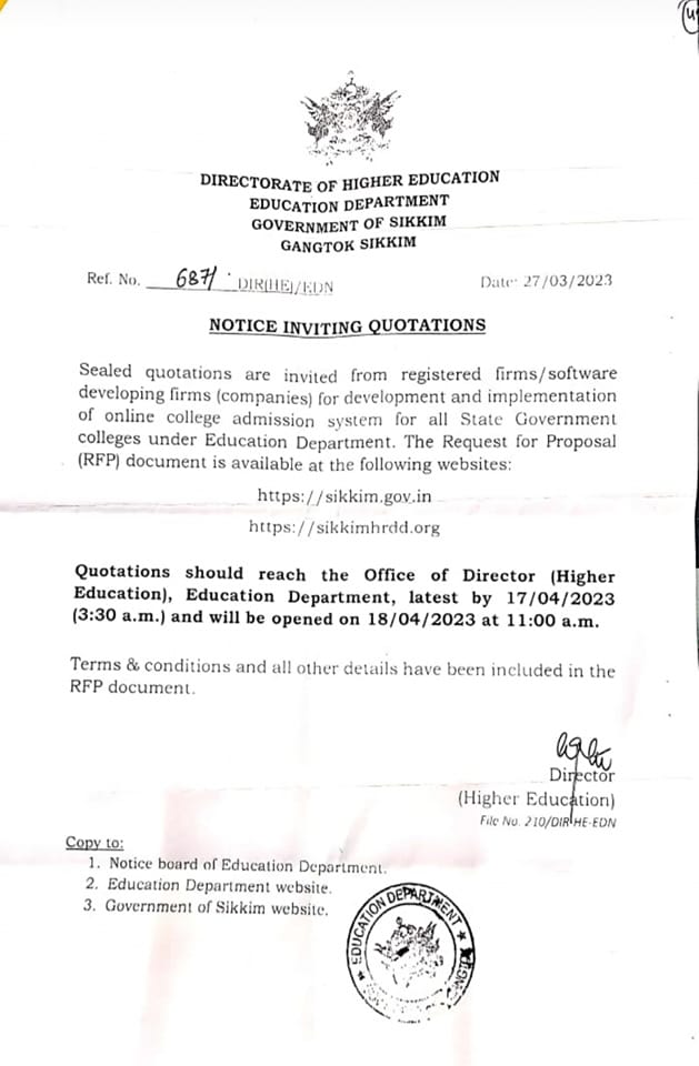 Notice Inviting Quotation For Online College Admission System Issued By Sikkim Education Dept