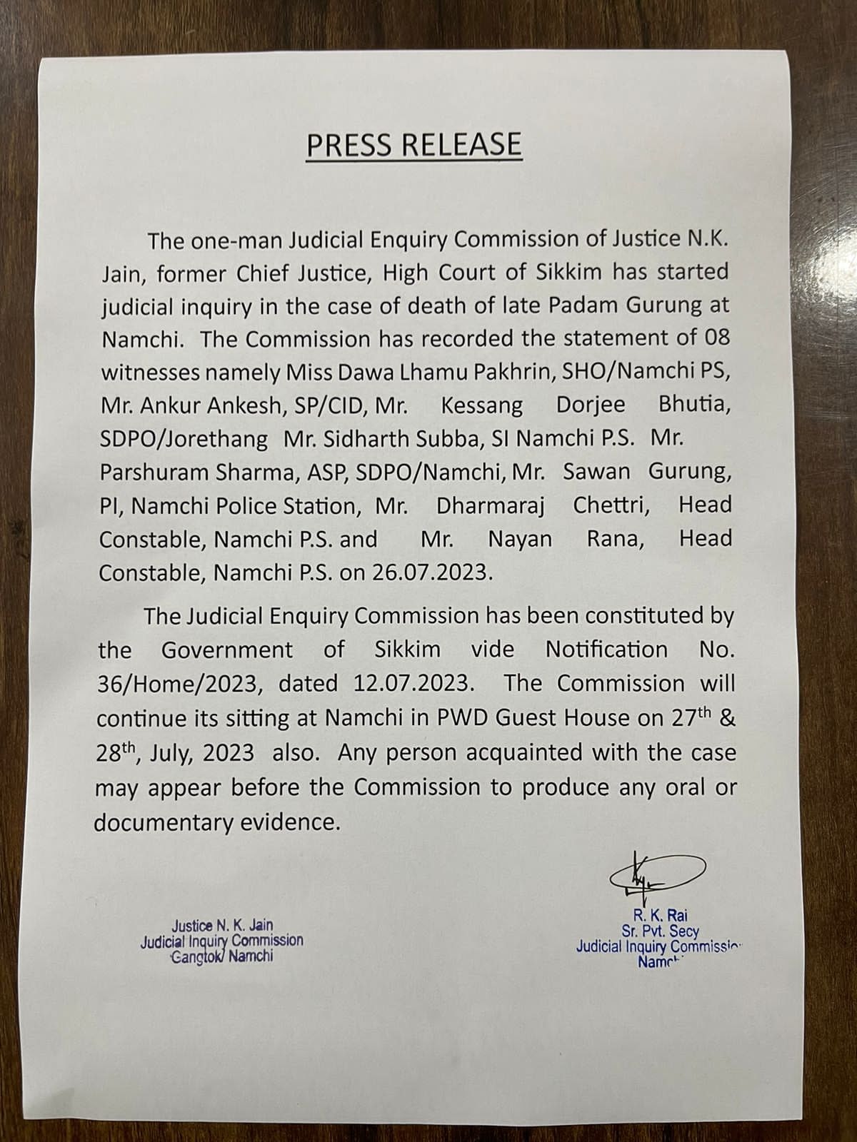 One-Man Judicial Enquiry Commission Begins Investigation into Late Padam Gurung's Death