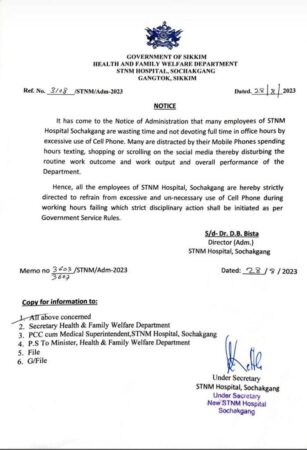 Government Of Sikkim Serious On STNM Hospital Employees Using Cell Phone During Duty Time