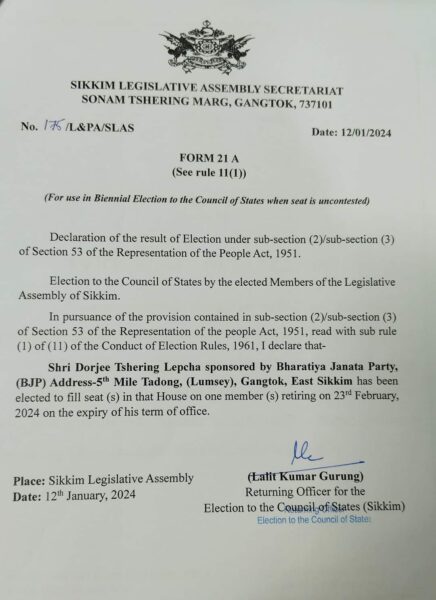 DT Lepcha Becomes Uncontested Lone BJP MP Rajya Sabha For Sikkim State