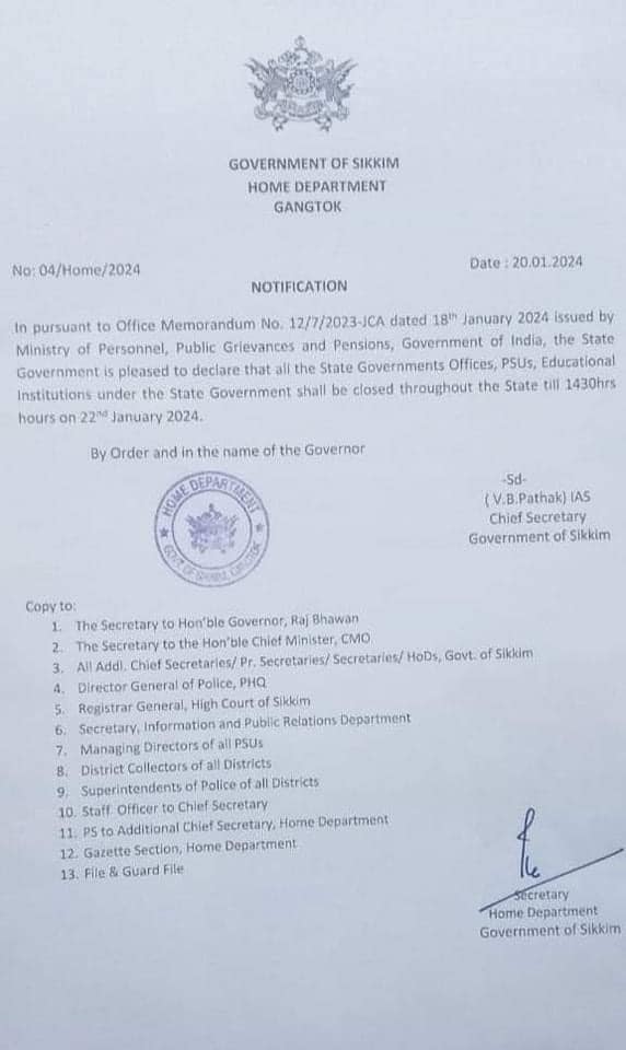 Sikkim Government Declares 22 January Public Holiday During The 'Pran Pratishtha'