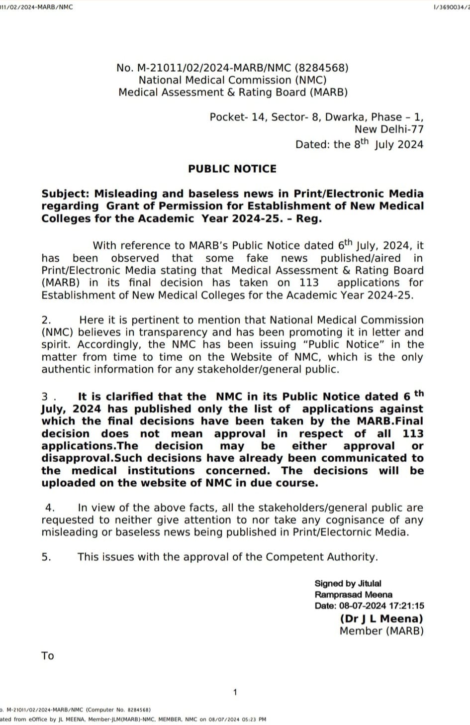 NMC Debunks Misleading News on New Medical College Approvals