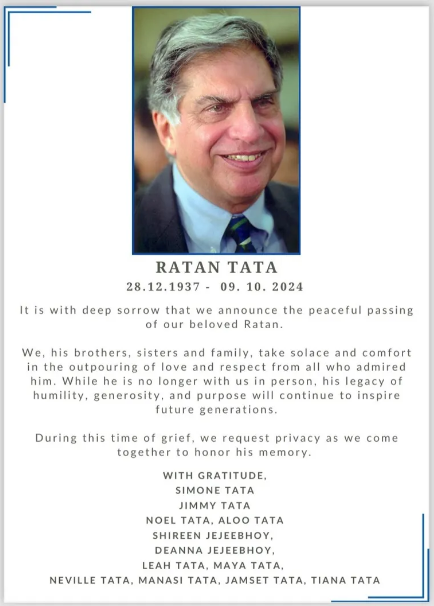 Ratan Tata’s family issued a statement following the passing of the esteemed industrialist at the age of 86. He passed away at Mumbai's Breach Candy Hospital, where he had been admitted just a few days earlier.