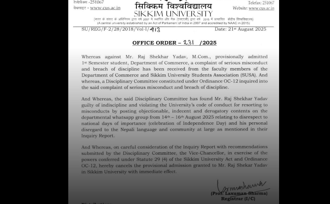 Sikkim University Expels M.Com Student for Misconduct, Offensive Remarks Against Nepali Community