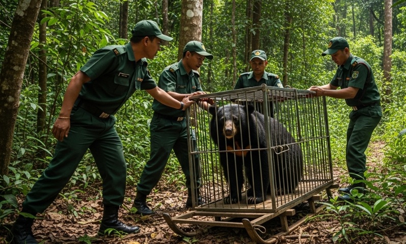 Himalayan Black Bear Safely Rescued After Entering Army Base in Lungthung