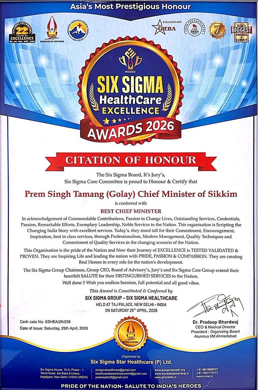 Sikkim CM Prem Singh Tamang Honoured at National Healthcare Summit